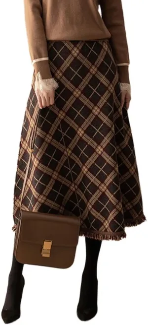 Womens Plaid Wool Skirts Fall Winter Elastic High Waist Tassel Hem A-Line Pleated Tartan Midi Long Skirts
