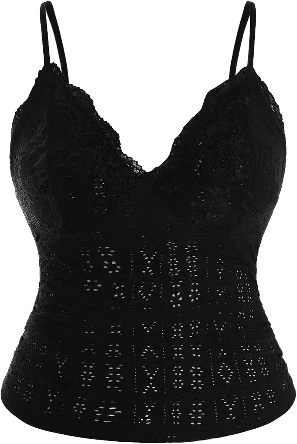 Women's Plus Size Lace Trim V Neck Camisole Tops Spaghetti Strap Ruched Eyelet Fitted Tops