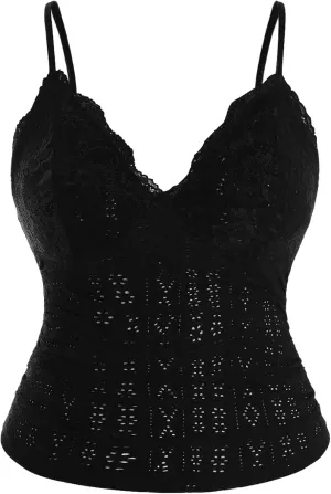 Women's Plus Size Lace Trim V Neck Camisole Tops Spaghetti Strap Ruched Eyelet Fitted Tops