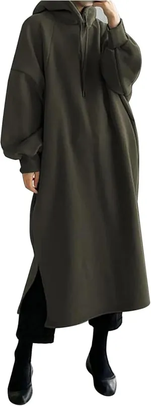 Women's Pullover Hoodie Maxi Dress 2024 Baggy Loose Long Sleeve Hooded Sweatshirt with Pockets