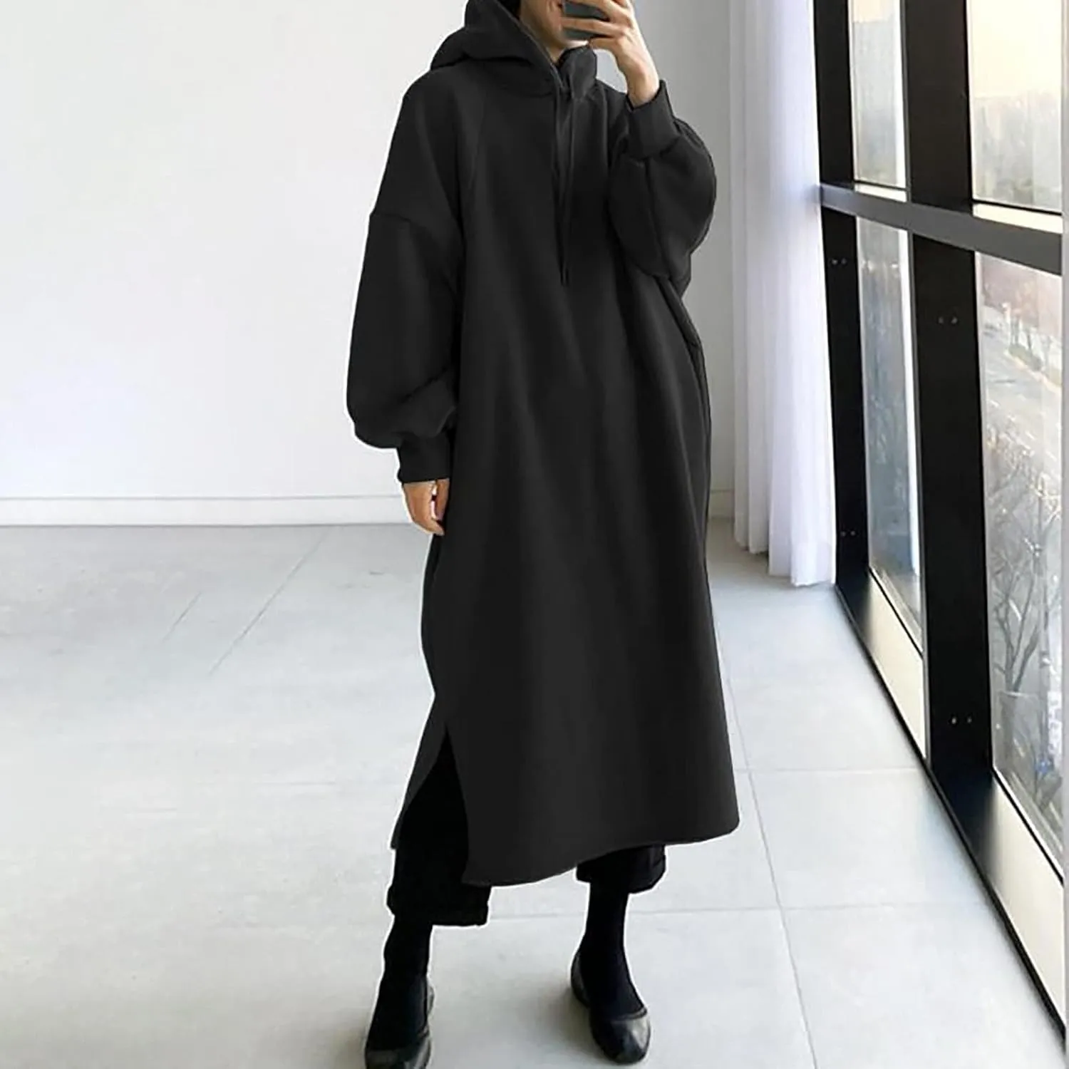 Women's Pullover Hoodie Maxi Dress 2024 Baggy Loose Long Sleeve Hooded Sweatshirt with Pockets