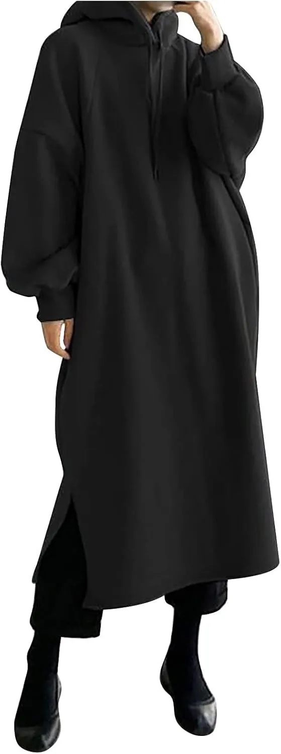 Women's Pullover Hoodie Maxi Dress 2024 Baggy Loose Long Sleeve Hooded Sweatshirt with Pockets