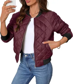 Women's Quilted Jackets Lightweight Zip up Bomber Jacket Long Sleeve Casual Y2K Jacket with Pockets