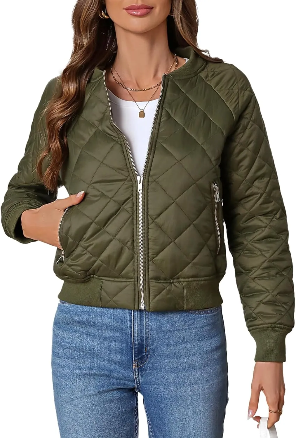 Women's Quilted Jackets Lightweight Zip up Bomber Jacket Long Sleeve Casual Y2K Jacket with Pockets