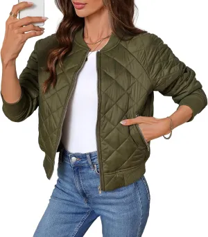 Women's Quilted Jackets Lightweight Zip up Bomber Jacket Long Sleeve Casual Y2K Jacket with Pockets