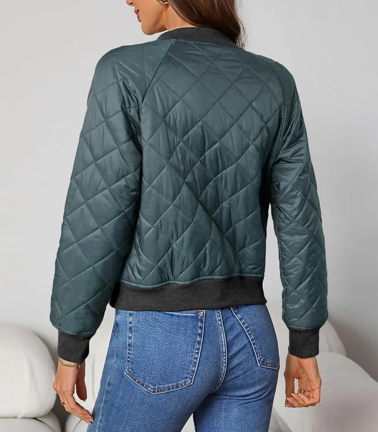 Women's Quilted Jackets Lightweight Zip up Bomber Jacket Long Sleeve Casual Y2K Jacket with Pockets