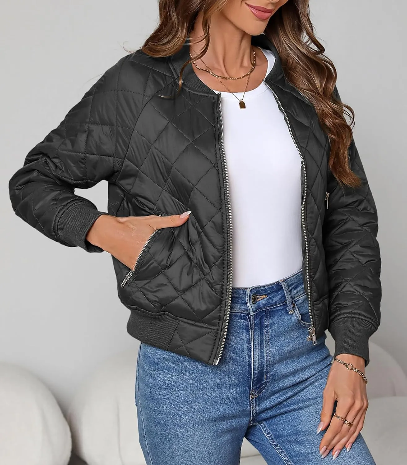 Women's Quilted Jackets Lightweight Zip up Bomber Jacket Long Sleeve Casual Y2K Jacket with Pockets