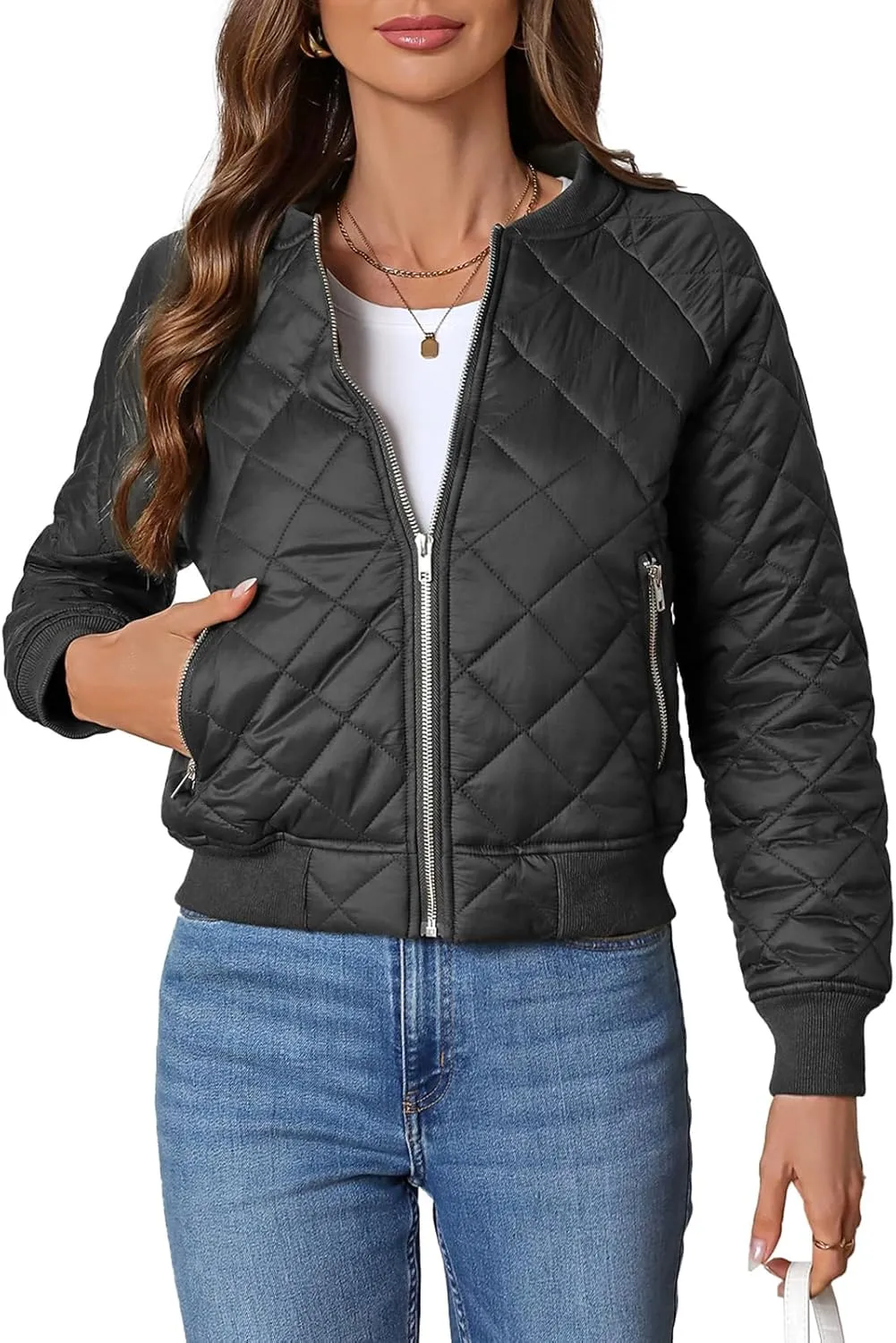 Women's Quilted Jackets Lightweight Zip up Bomber Jacket Long Sleeve Casual Y2K Jacket with Pockets