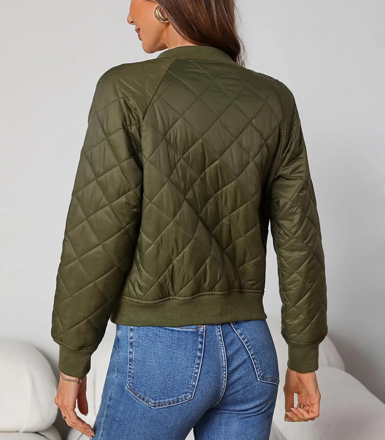 Women's Quilted Jackets Lightweight Zip up Bomber Jacket Long Sleeve Casual Y2K Jacket with Pockets