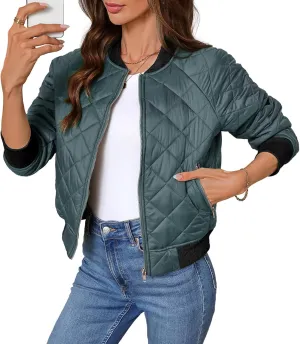 Women's Quilted Jackets Lightweight Zip up Bomber Jacket Long Sleeve Casual Y2K Jacket with Pockets