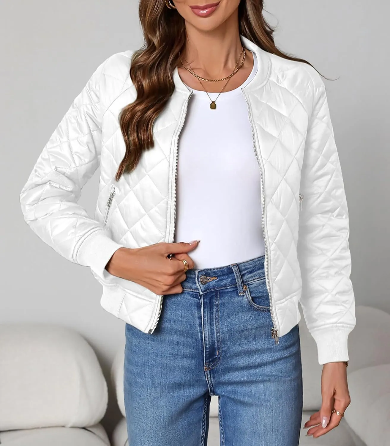 Women's Quilted Jackets Lightweight Zip up Bomber Jacket Long Sleeve Casual Y2K Jacket with Pockets