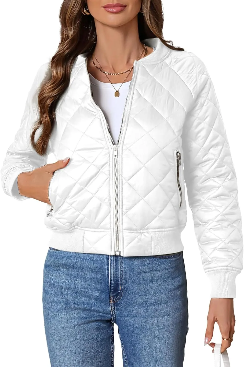 Women's Quilted Jackets Lightweight Zip up Bomber Jacket Long Sleeve Casual Y2K Jacket with Pockets