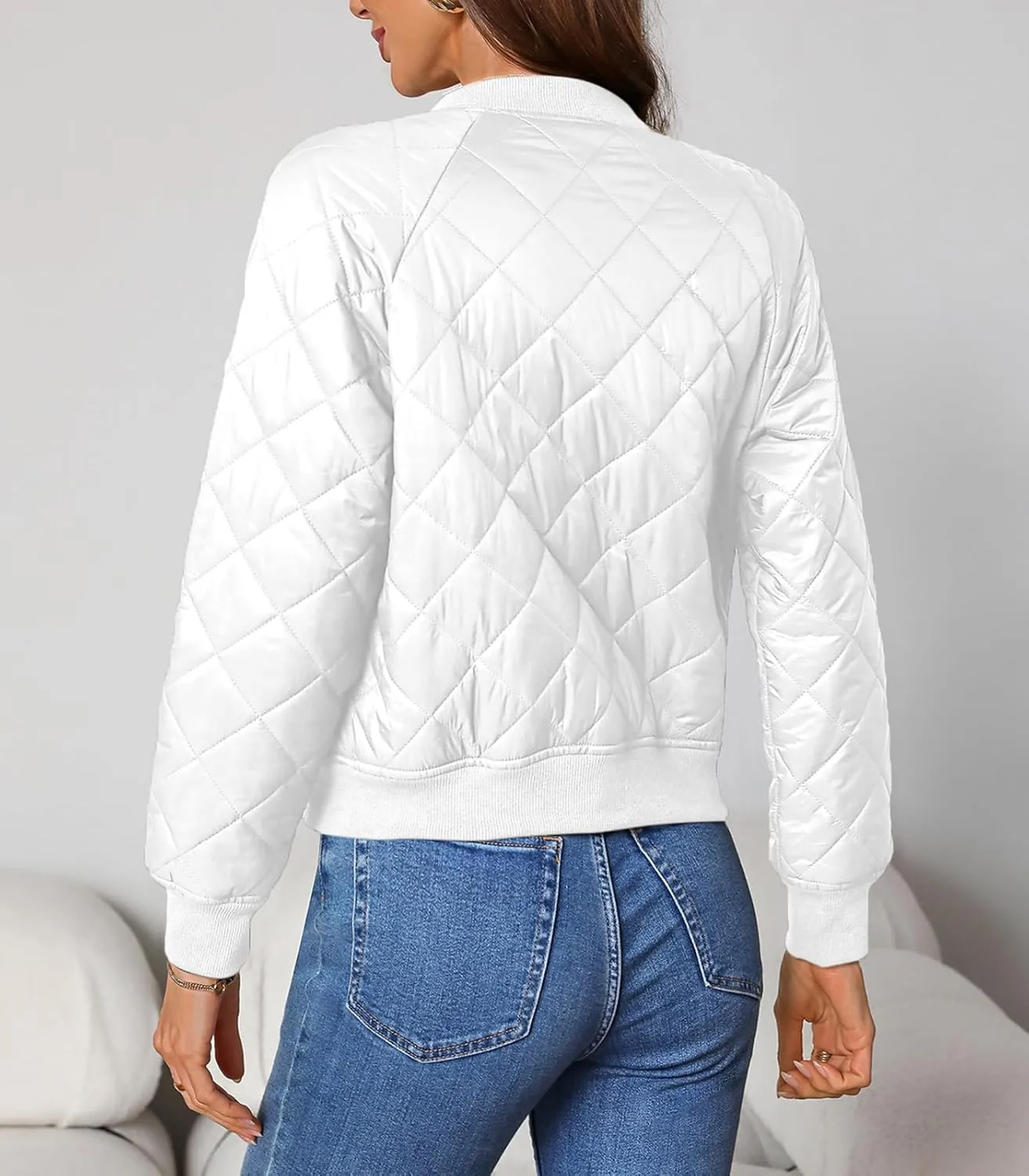 Women's Quilted Jackets Lightweight Zip up Bomber Jacket Long Sleeve Casual Y2K Jacket with Pockets