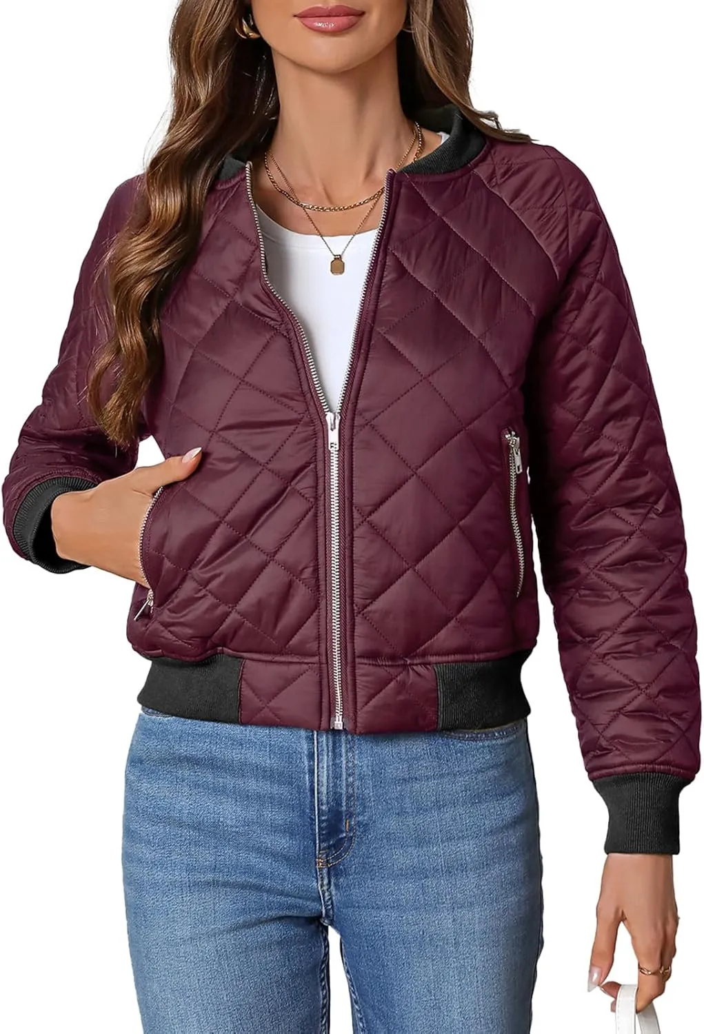 Women's Quilted Jackets Lightweight Zip up Bomber Jacket Long Sleeve Casual Y2K Jacket with Pockets