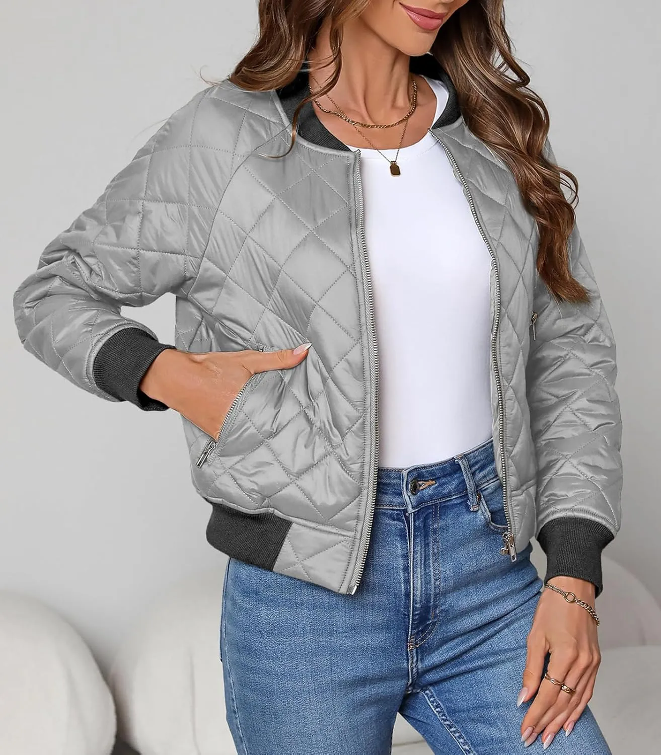 Women's Quilted Jackets Lightweight Zip up Bomber Jacket Long Sleeve Casual Y2K Jacket with Pockets