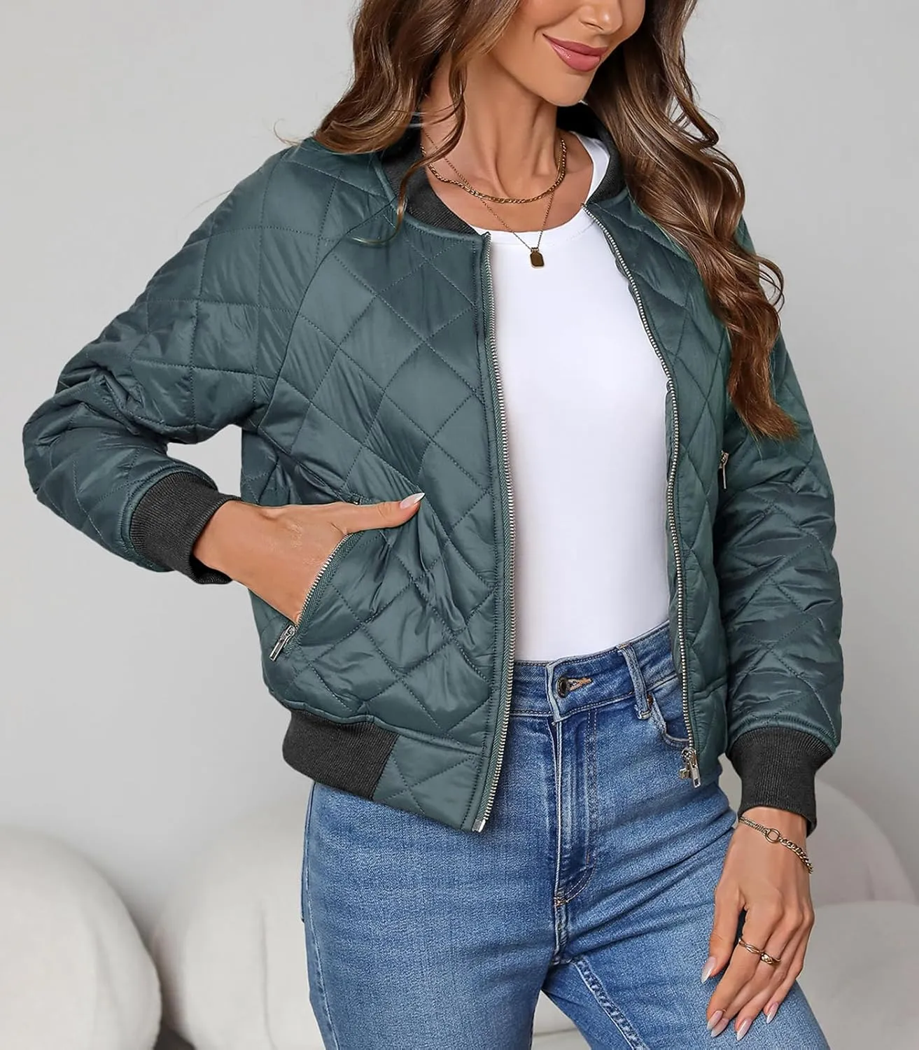 Women's Quilted Jackets Lightweight Zip up Bomber Jacket Long Sleeve Casual Y2K Jacket with Pockets