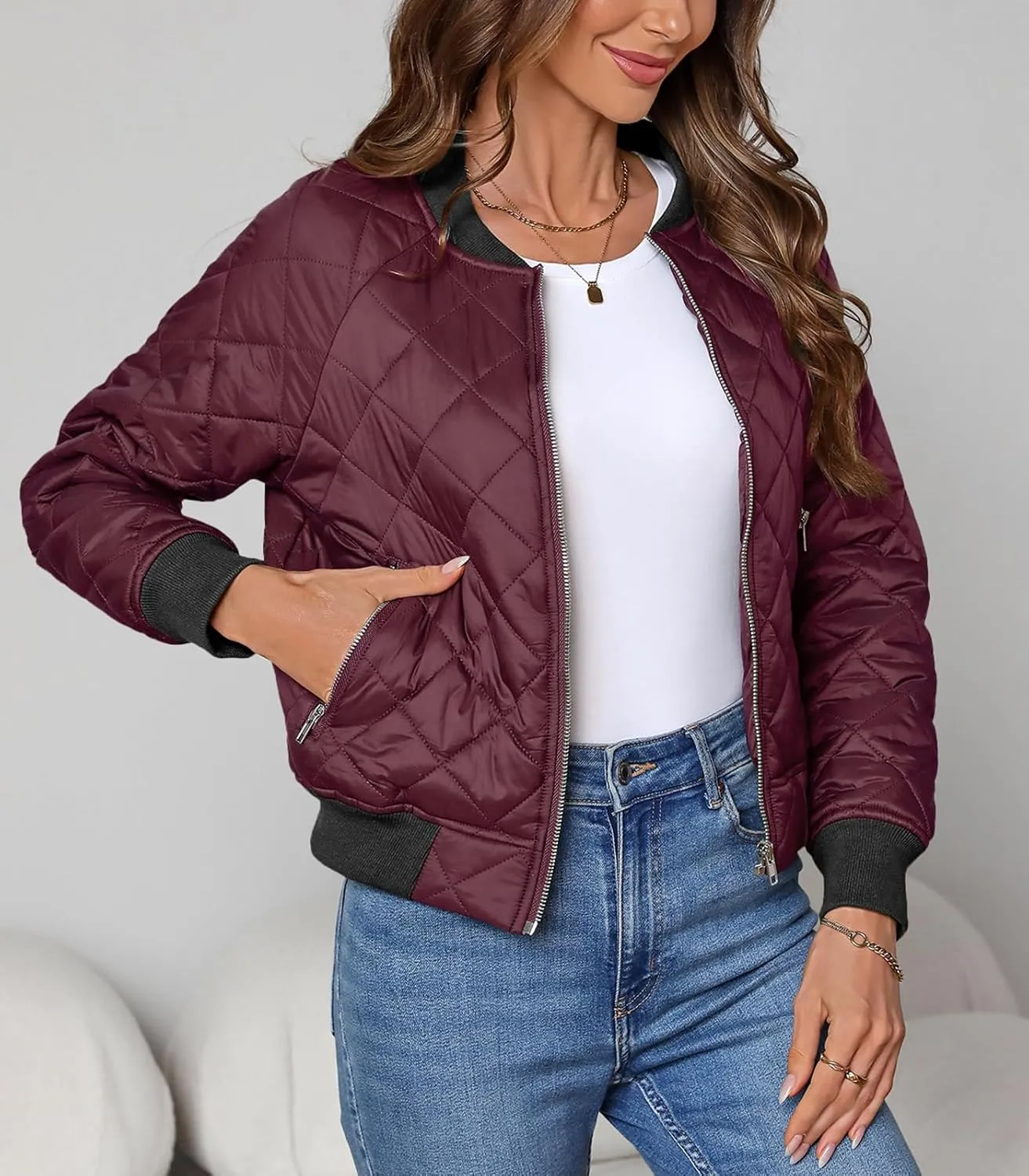Women's Quilted Jackets Lightweight Zip up Bomber Jacket Long Sleeve Casual Y2K Jacket with Pockets