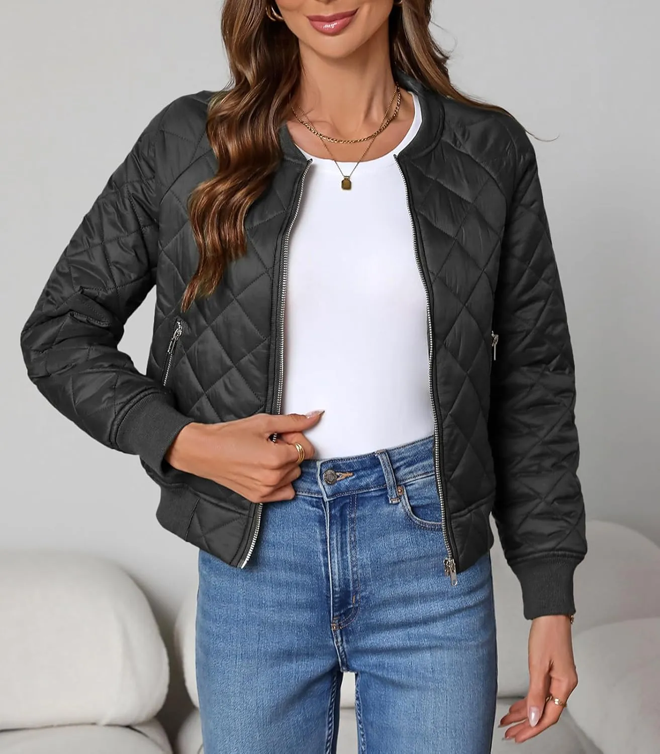 Women's Quilted Jackets Lightweight Zip up Bomber Jacket Long Sleeve Casual Y2K Jacket with Pockets