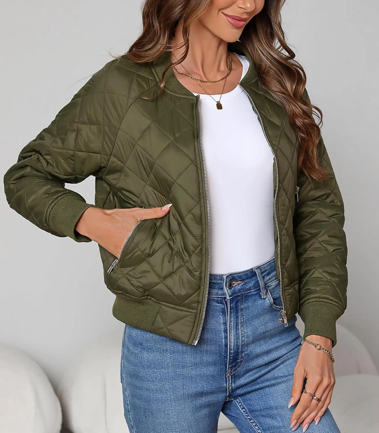 Women's Quilted Jackets Lightweight Zip up Bomber Jacket Long Sleeve Casual Y2K Jacket with Pockets