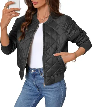 Women's Quilted Jackets Lightweight Zip up Bomber Jacket Long Sleeve Casual Y2K Jacket with Pockets