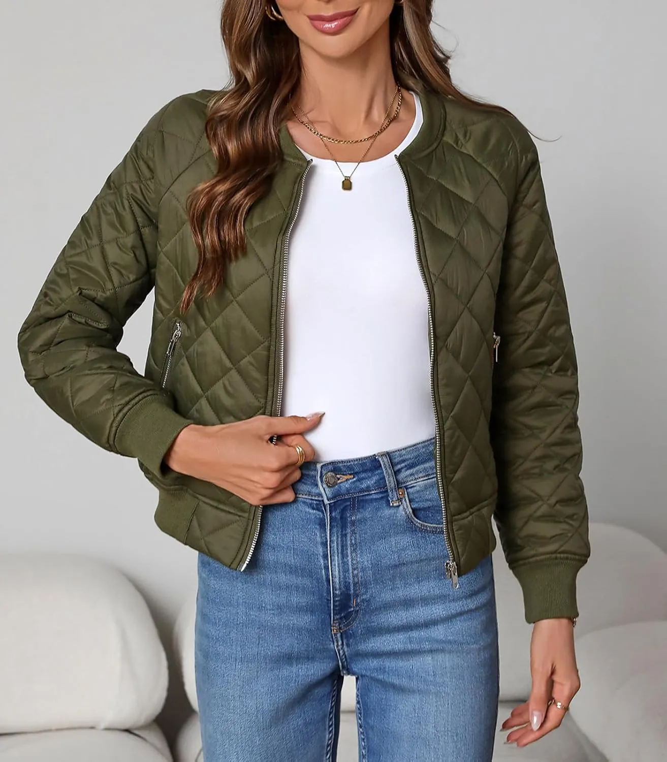 Women's Quilted Jackets Lightweight Zip up Bomber Jacket Long Sleeve Casual Y2K Jacket with Pockets