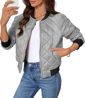 Women's Quilted Jackets Lightweight Zip up Bomber Jacket Long Sleeve Casual Y2K Jacket with Pockets