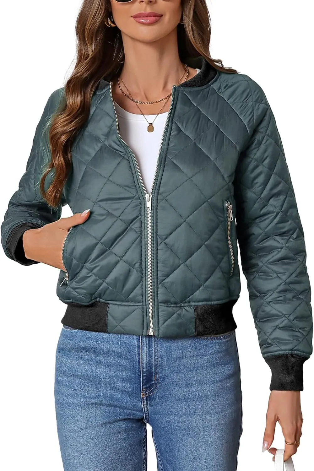 Women's Quilted Jackets Lightweight Zip up Bomber Jacket Long Sleeve Casual Y2K Jacket with Pockets