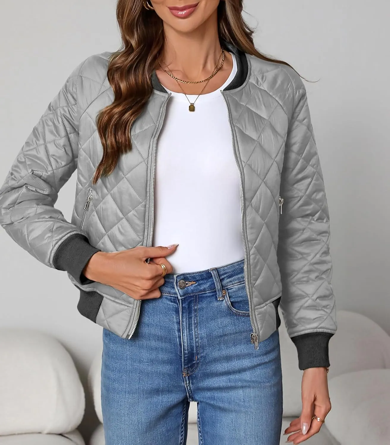 Women's Quilted Jackets Lightweight Zip up Bomber Jacket Long Sleeve Casual Y2K Jacket with Pockets