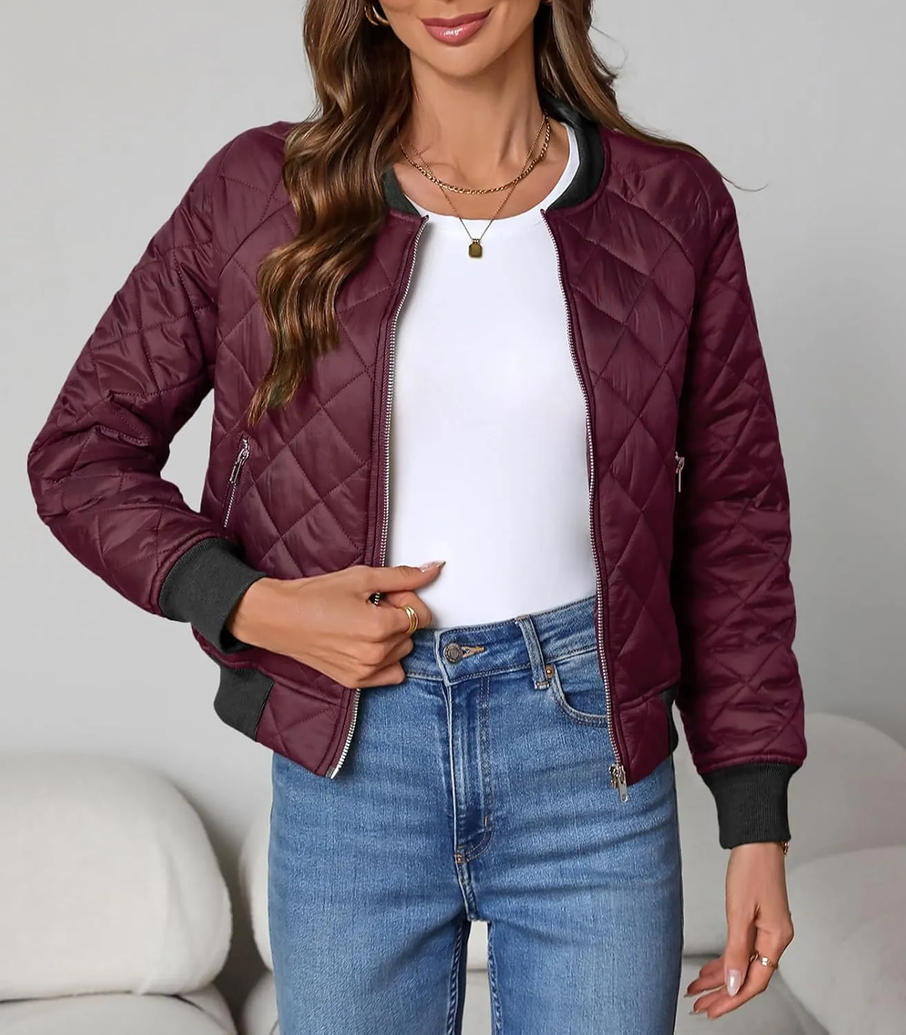 Women's Quilted Jackets Lightweight Zip up Bomber Jacket Long Sleeve Casual Y2K Jacket with Pockets