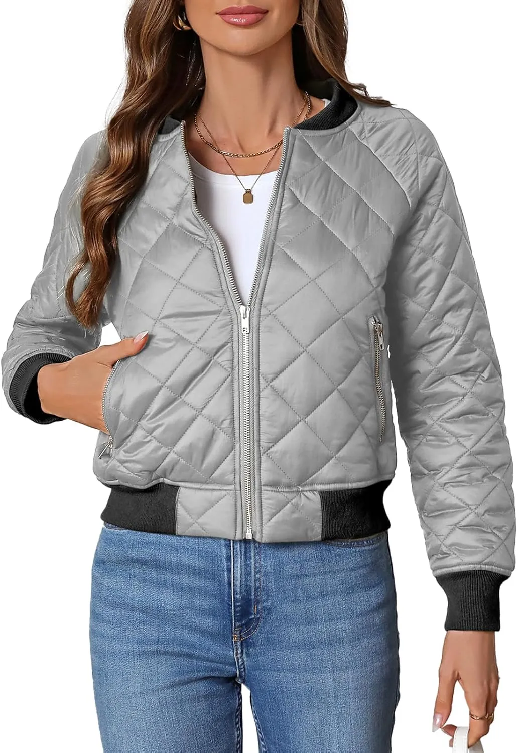 Women's Quilted Jackets Lightweight Zip up Bomber Jacket Long Sleeve Casual Y2K Jacket with Pockets