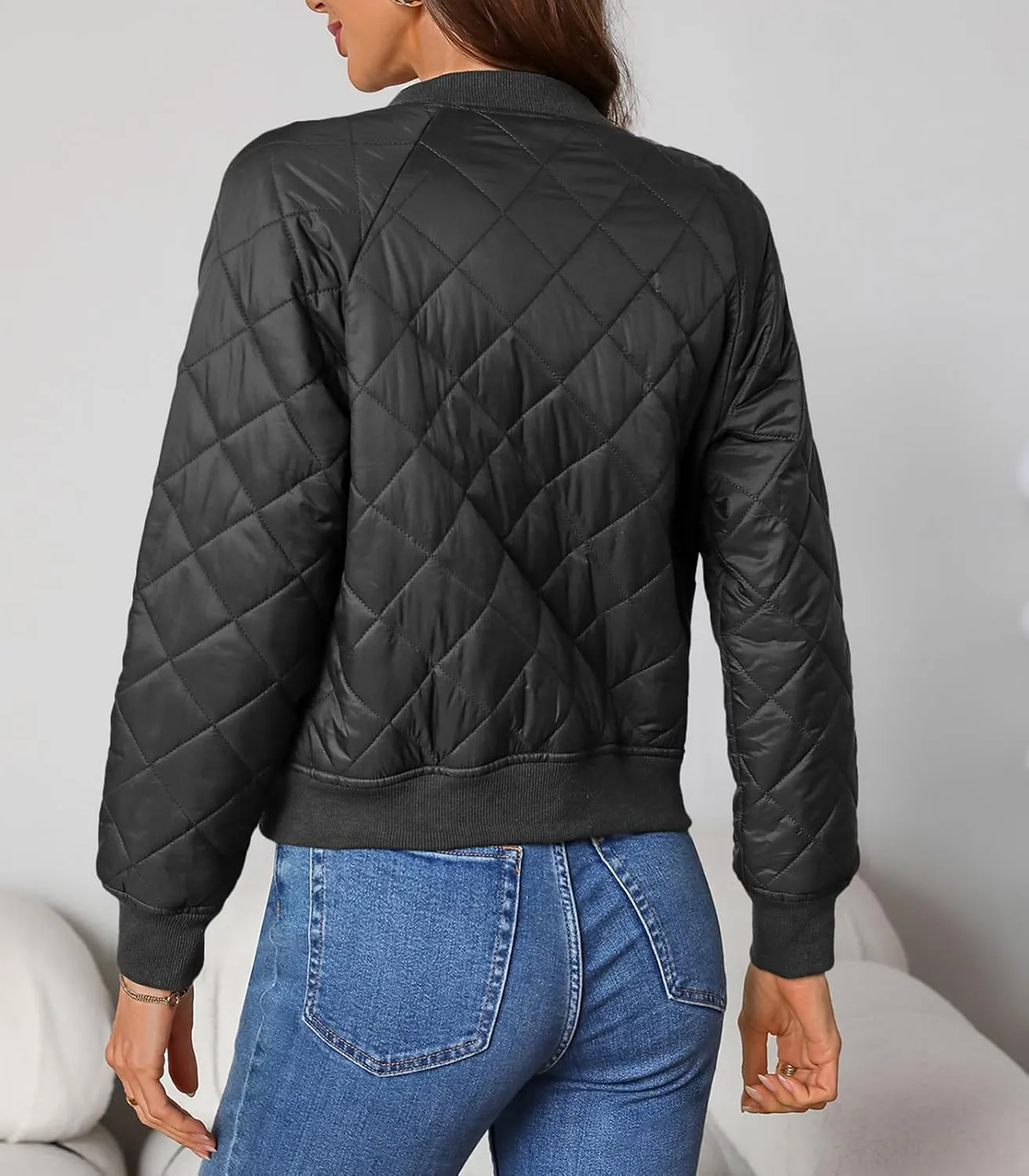Women's Quilted Jackets Lightweight Zip up Bomber Jacket Long Sleeve Casual Y2K Jacket with Pockets