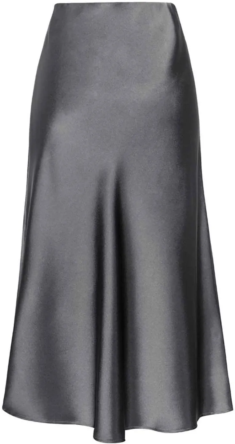 Womens Satin Silk High Waisted Solid Color Slit Midi Skirt Elastic Waist Glossy Office Work Skirt