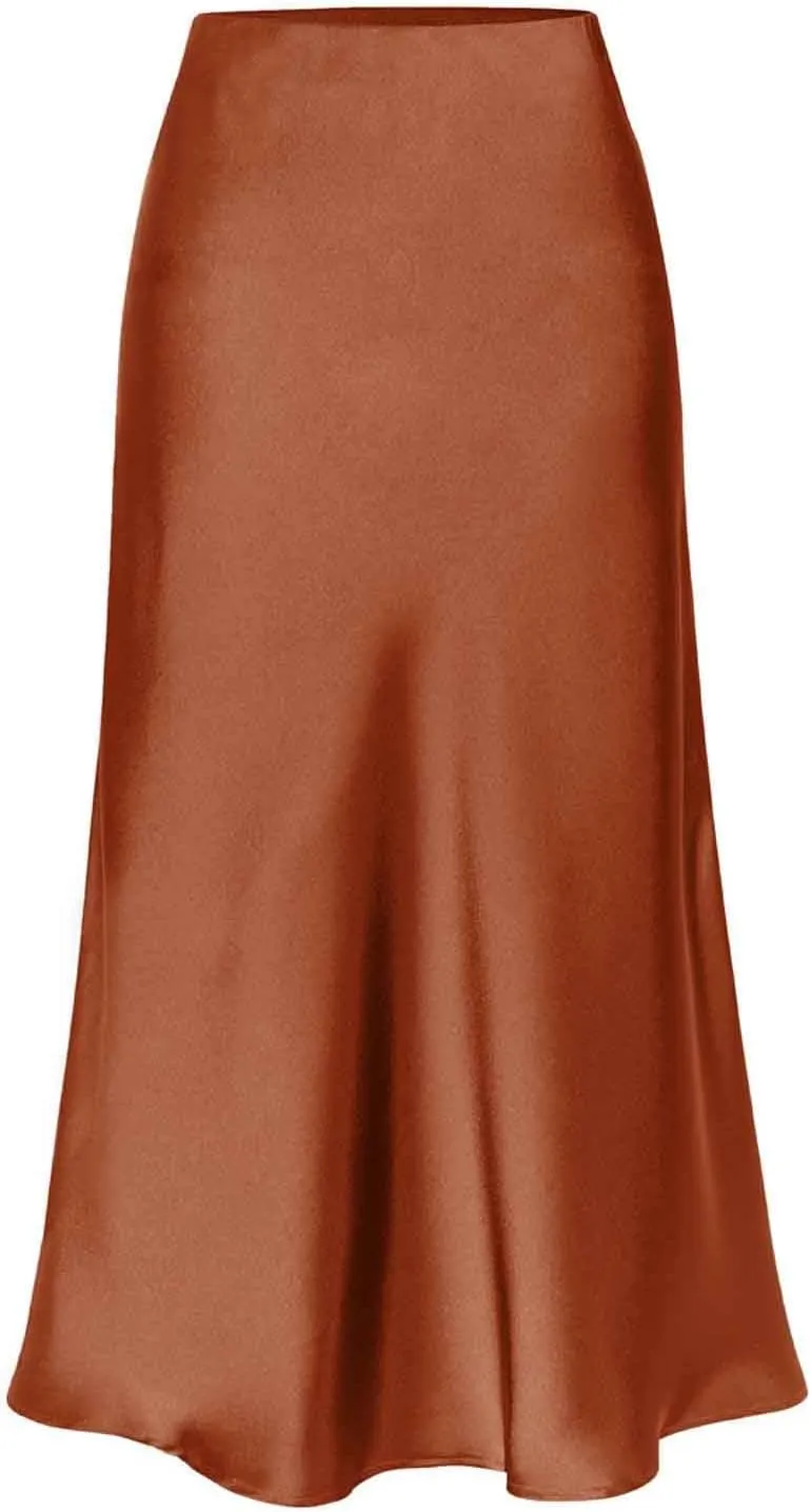 Womens Satin Silk High Waisted Solid Color Slit Midi Skirt Elastic Waist Glossy Office Work Skirt