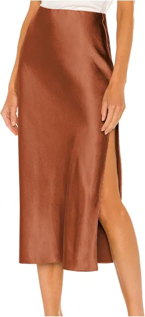 Womens Satin Silk High Waisted Solid Color Slit Midi Skirt Elastic Waist Glossy Office Work Skirt