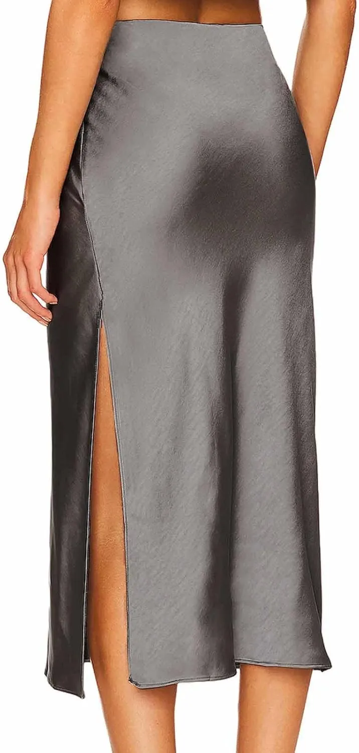 Womens Satin Silk High Waisted Solid Color Slit Midi Skirt Elastic Waist Glossy Office Work Skirt