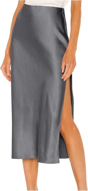 Womens Satin Silk High Waisted Solid Color Slit Midi Skirt Elastic Waist Glossy Office Work Skirt