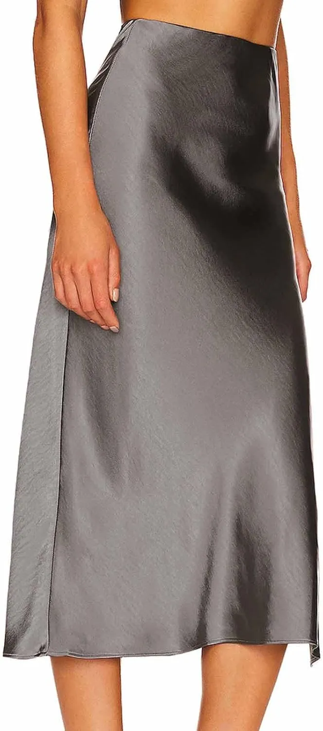 Womens Satin Silk High Waisted Solid Color Slit Midi Skirt Elastic Waist Glossy Office Work Skirt