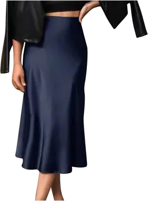 Womens Satin Skirts Casual Silk Midi Skirt High Waisted Long Skirts Elegant Work Skirts Evening Cocktail Party Skirt