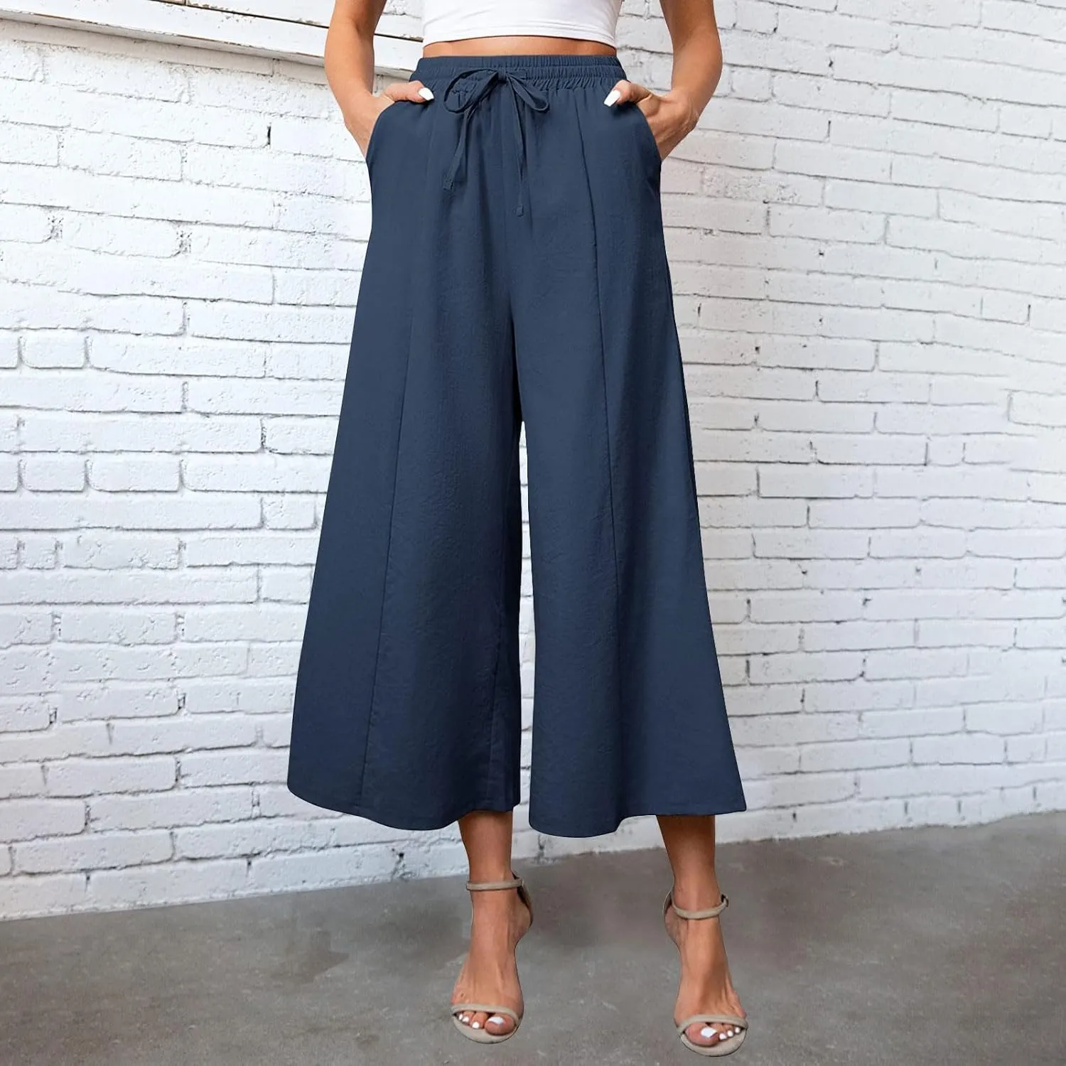 Womens Solid Pants Drawstring Elastic High Waisted Wide Leg Pant Summer Baggy Casual Trousers with Pockets