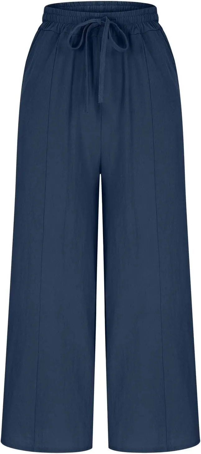 Womens Solid Pants Drawstring Elastic High Waisted Wide Leg Pant Summer Baggy Casual Trousers with Pockets