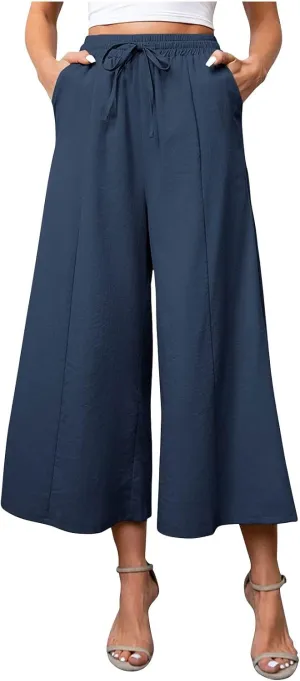 Womens Solid Pants Drawstring Elastic High Waisted Wide Leg Pant Summer Baggy Casual Trousers with Pockets