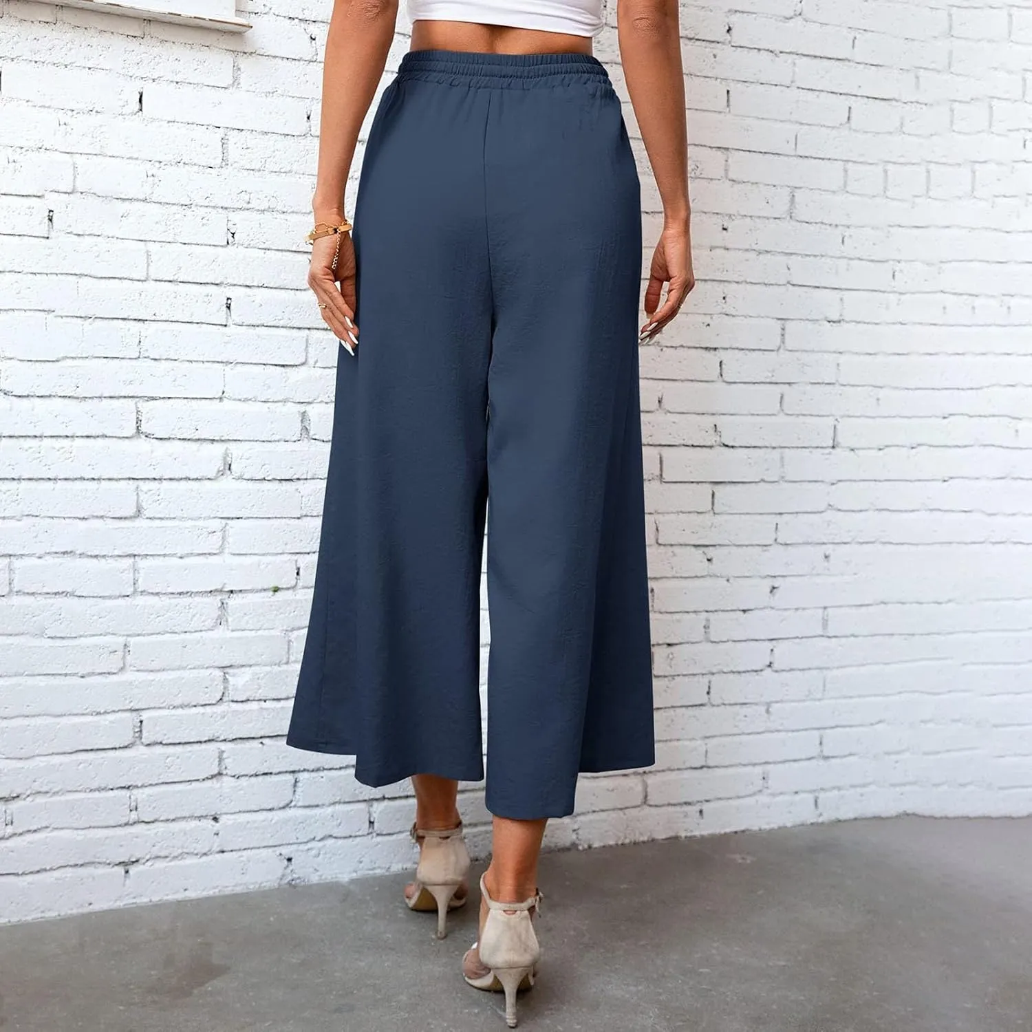 Womens Solid Pants Drawstring Elastic High Waisted Wide Leg Pant Summer Baggy Casual Trousers with Pockets