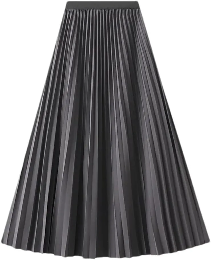 Women's Spring Autumn Solid Color Long Pleated Skirt High Waist Elegant Casual Loose Skirts
