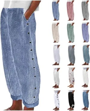 Womens Striped Pants Side Button Elastic Waist Straight Wide Leg Linen Pants Summer Lightweight Baggy Casual Trousers