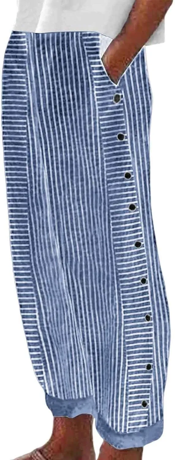 Womens Striped Pants Side Button Elastic Waist Straight Wide Leg Linen Pants Summer Lightweight Baggy Casual Trousers