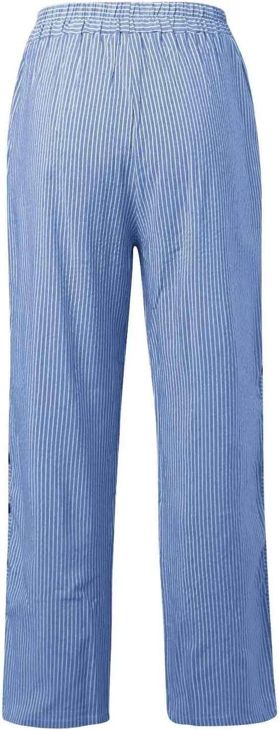 Womens Striped Pants Side Button Elastic Waist Straight Wide Leg Linen Pants Summer Lightweight Baggy Casual Trousers