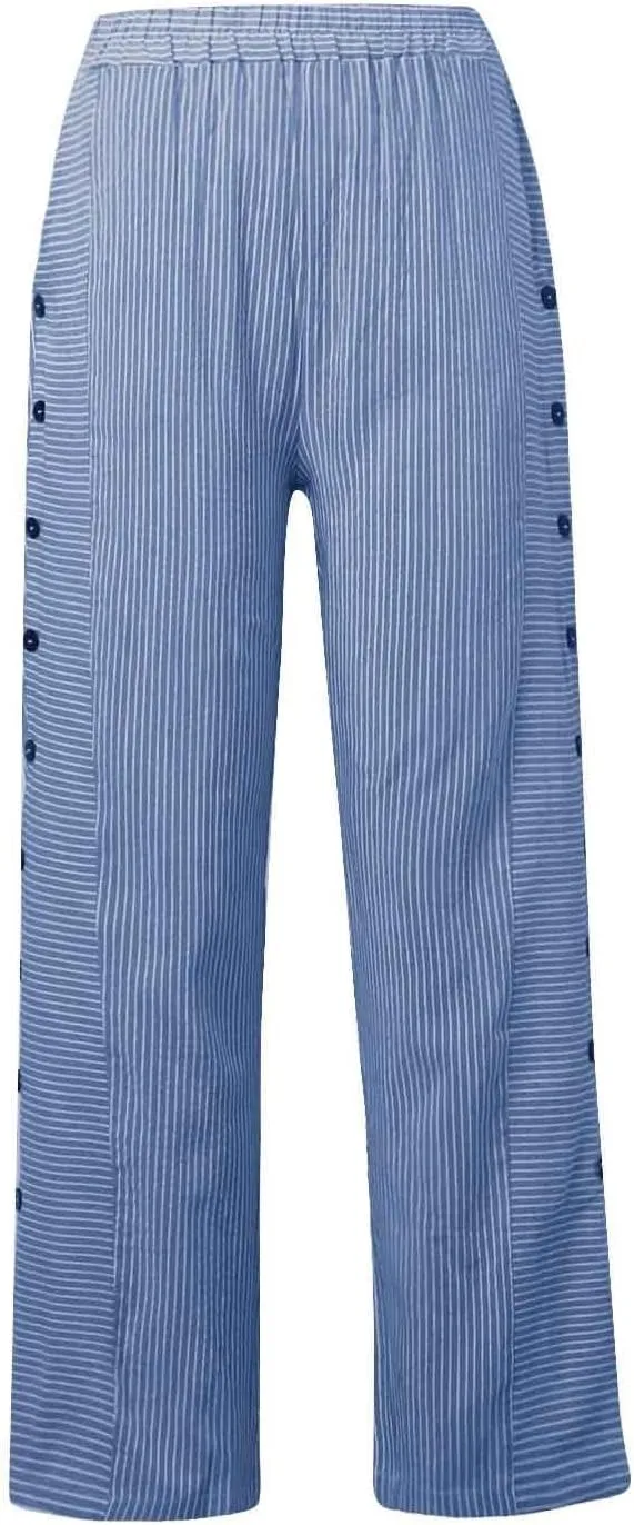 Womens Striped Pants Side Button Elastic Waist Straight Wide Leg Linen Pants Summer Lightweight Baggy Casual Trousers