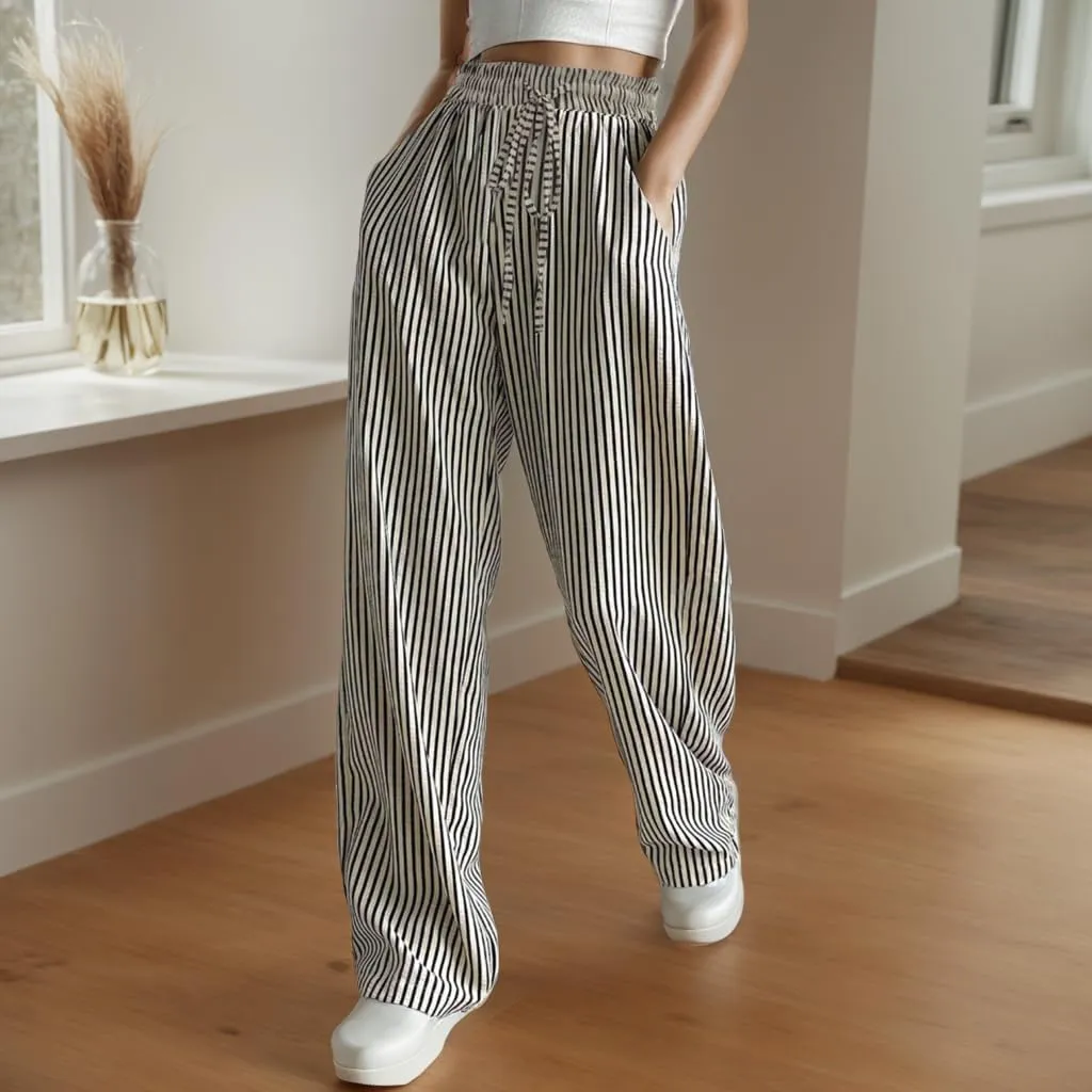 Women's Striped Print Straight Leg Long Pants High Waisted Wide Leg Drawstring Elastic Waist Trousers with Pockets