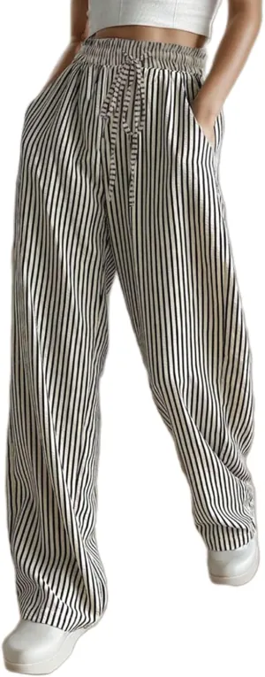 Women's Striped Print Straight Leg Long Pants High Waisted Wide Leg Drawstring Elastic Waist Trousers with Pockets
