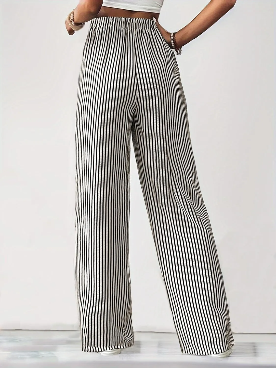 Women's Striped Print Straight Leg Long Pants High Waisted Wide Leg Drawstring Elastic Waist Trousers with Pockets